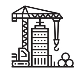 Construction Crane and Building Line Icon Vector &ndash; Urban Development and Industrial Engineering Outline Illustration