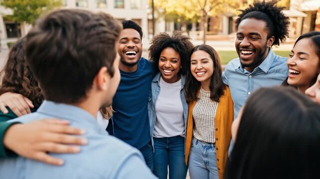 Diverse University Students in Huddle, Multiethnic College Peer Support Group