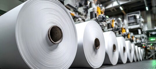 Large rolls of white paper in industrial printing facility with machinery in background