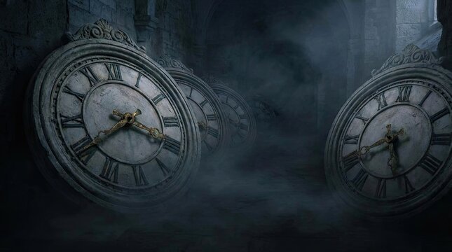 Spiral of ancient clocks in fiery time vortex concept. Mysterious antique clocks shrouded in fog evoke timelessness.