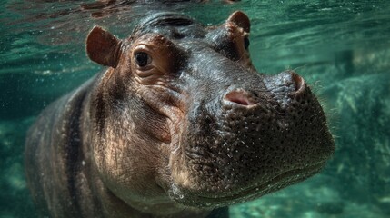 Fototapeta premium Hippopotamus swimming underwater with clear visibility of facial features and surrounding water