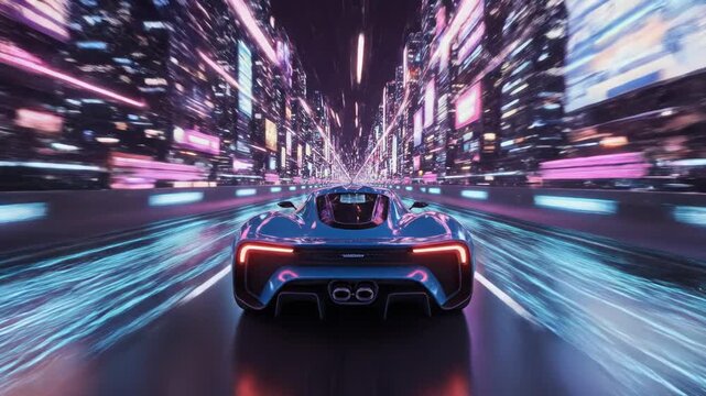 Futuristic blue sports car accelerates down a neon-lit city street, vibrant billboards and glowing lights creating a dynamic urban atmosphere