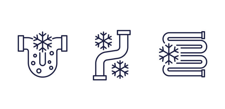 frozen pipe line icons, pipes freezing in winter
