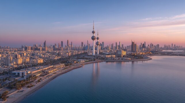 Panoramic view of Kuwait City skyline with modern architecture and waterfront at sunset