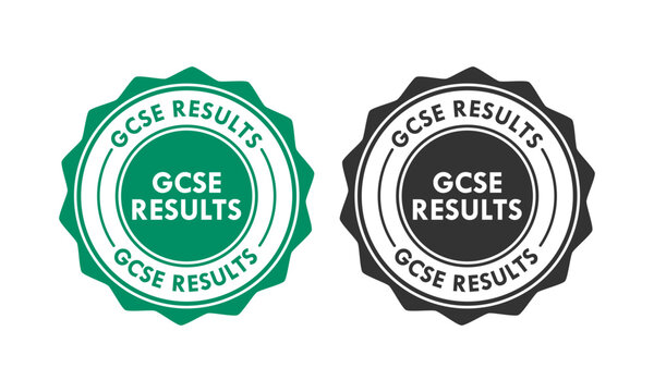 GCSE results vector logo badges. Professional circular seal with stars and ribbon banners for academic achievement, exam success, and educational certification.
