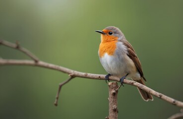 Red-breasted European robin bird rests on tree branch. Small songbird has orange breast and grey back. It looks left in natural green soft background.