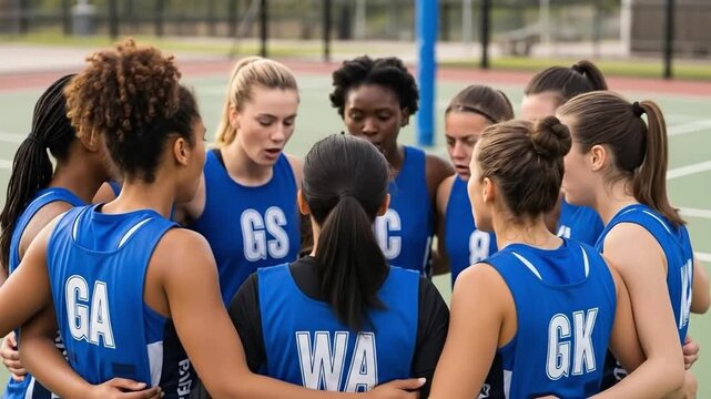 Diverse Young Women Netball Team Huddle on Outdoor Court for Strategy and Motivation