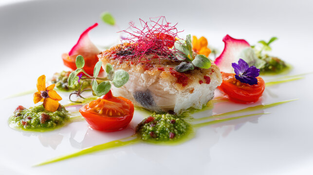 sea robin dish with tomato concasse and basil garnish
