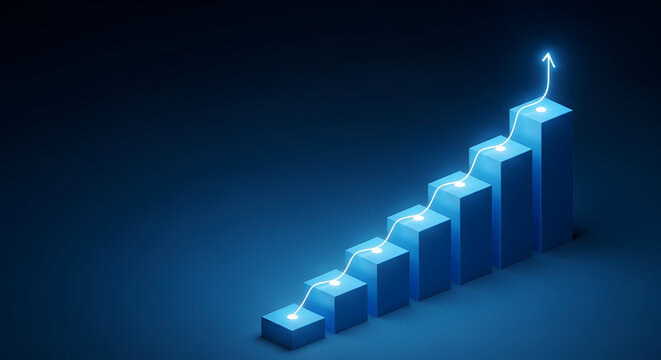 Glowing blue upward stair step bar graph on dark background