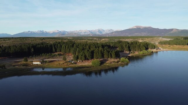 Camper Vans by Mountain Lake Drone Landscape in Reserva Natural Urbana Laguna La Zeta, Esquel