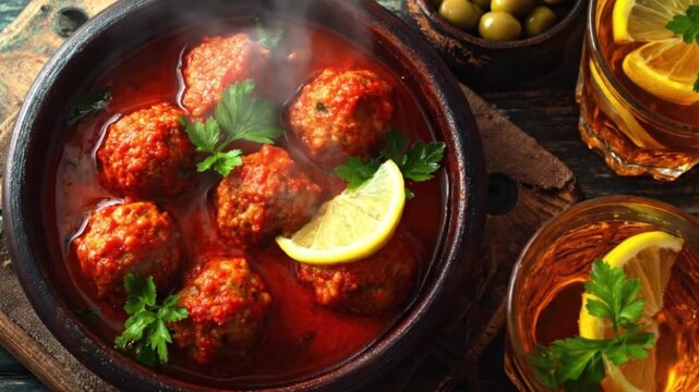 A vibrant overhead shot captures a steaming bowl of savory meatballs generously coated in a rich, bubbling red tomato sauce, garnished with fresh green parsley and a bright yellow lemon wedge. Wisps o