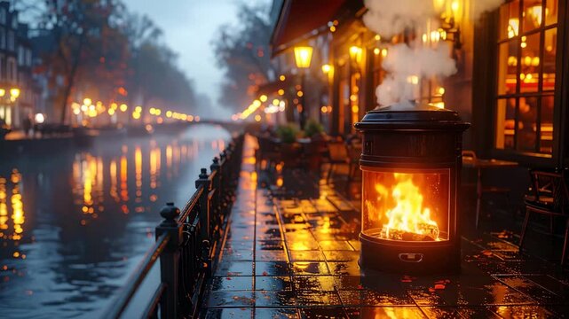 After Rain Coffee Shop with Fireplace and Cinematic Reflections