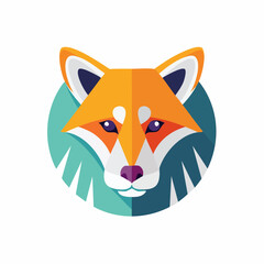 Obraz premium Vibrant flat design fox head logo icon with abstract teal background, representing nature, cunning, and wild beauty in a modern graphic style