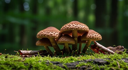Cluster of Brown Textured Mushrooms Growing on a Mossy Forest Log