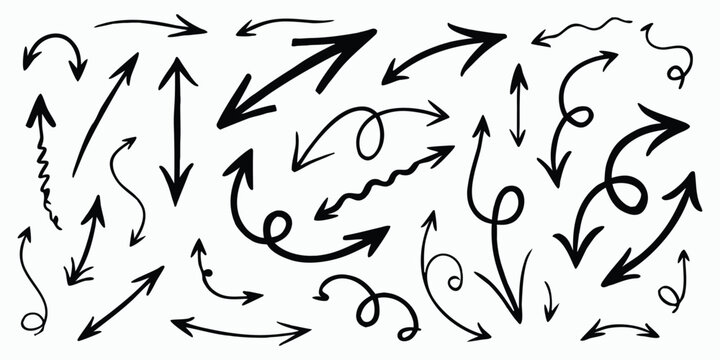Hand drawn Arrows doodle icons set. Curved cartoon arrows sketches collection. Flat and thin pointers illustrations. Scribble swirl arrow signs.	

