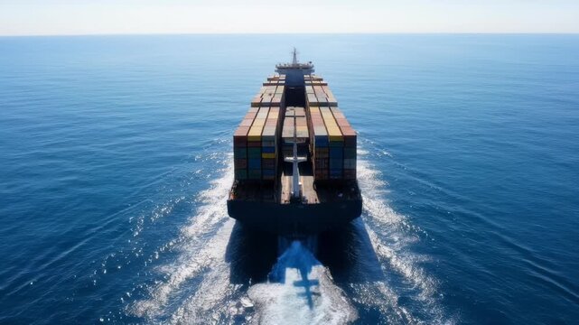 Aerial shot of large container ship sailing across deep blue ocean