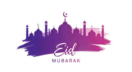 Obraz premium Digital illustration of Islamic mosque architecture with elegant script 'Eid Mubarak' in purple.
