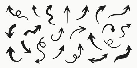Fototapeta premium Hand-Drawn Style Arrows Collection: 22 Unique Black Arrows Illustrating Various Directions and Movements