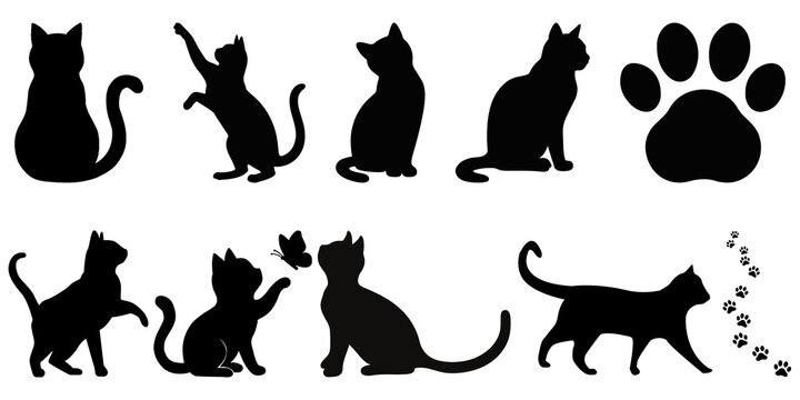Collection of black silhouette cats and paw prints in various poses isolated on transparent background