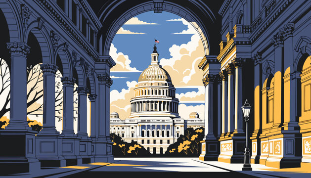 Us capitol through colonnade in washington dc skyline. Suitable for travel blogs, political websites, americacentric content, and educational materials.