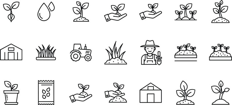 Agriculture and farming line icons set with plants tractor soil watering vector collection