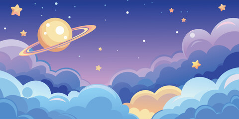 Obraz premium Abstract blue sky landscape illustration with stars and clouds over night ocean waves vector design