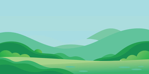 Obraz premium A summer nature landscape with green hills and mountains under a blue sky with white clouds and a bright horizon