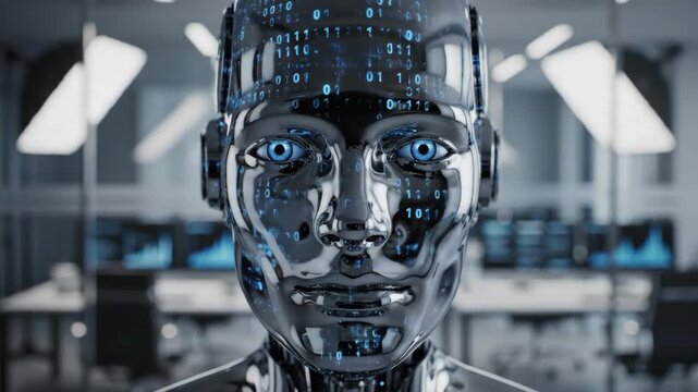Low Angle View of a Gleaming Chrome AI Humanoid Face with Blue Binary Code Overlay Against a Modern Business Office Background With Monitors Displaying Graphs and Data
