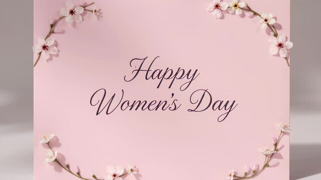 Pink greeting card with floral design featuring the text Happy Women's Day, showcasing a continuous view of the card's details and decorations in three sequential frames