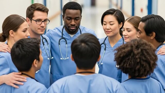 Multicultural group of young doctors and nurses in blue scrubs having a team huddle in clinic