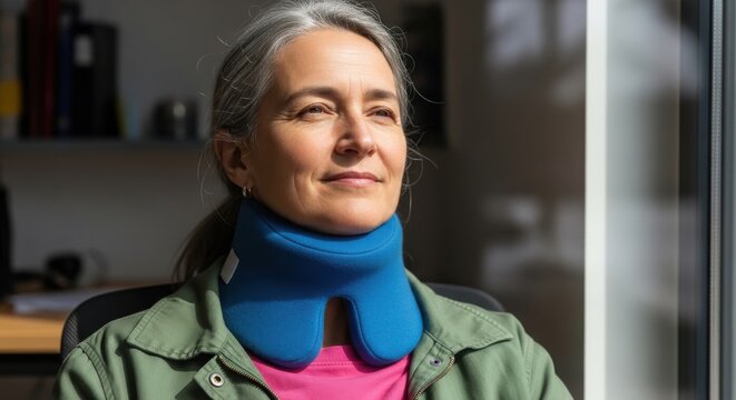 A middle-aged woman wearing a blue neck brace and sitting in a chair with a blurred office background
