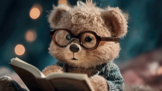cute teddy bear toy reads a book animation