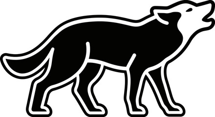 Obraz premium A black and white silhouette icon depicts a howling wolf standing on a plain white background.