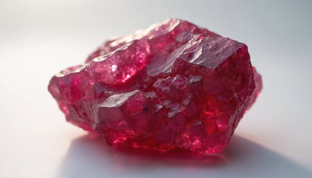 Rough ruby stone has deep red color and jagged surface. Uncut gem glows with inner light. Gemstone showcases natural beauty and raw power. It has valuable crystalline structure.