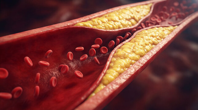 3D Medical Illustration of Atherosclerosis Plaque in Human Artery with Cholesterol Buildup and Red Blood Cells