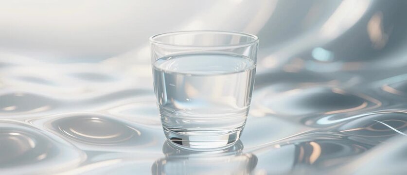 A clear glass of fresh liquid water with bubbles and a white aspirin pill stands isolated on a clean blue background, representing a healthy cold beverage or medicament for purity