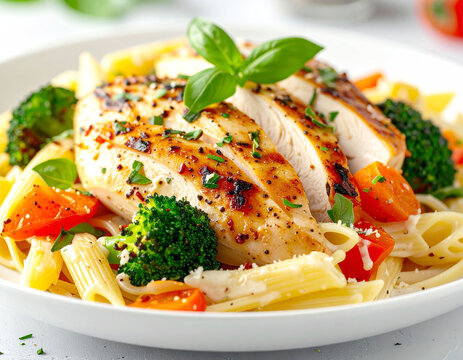 Chicken alfredo with vegetable primavera and pasta, closeup. AI