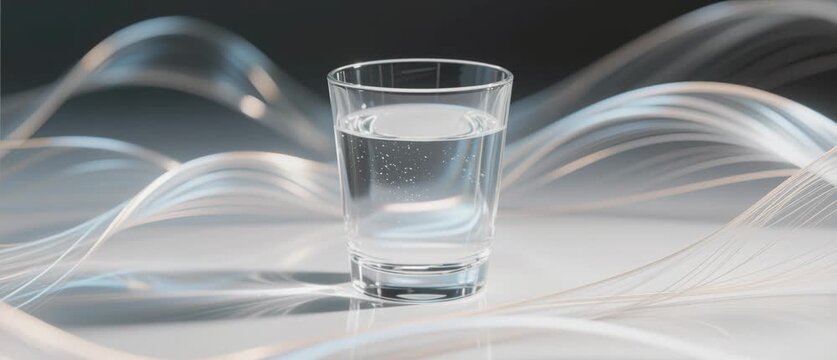A crystal clear stream of fresh aqua liquid pouring into a transparent glass cup creates a cool blue reflection of pure healthy water isolated on white