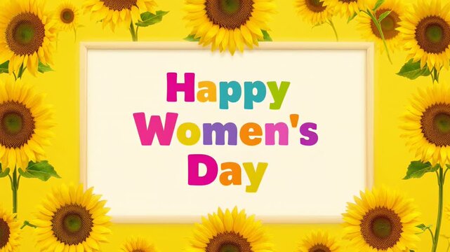 Colorful greeting card design with the text "Happy Women's Day" surrounded by vibrant sunflowers on a bright yellow background, showcasing a cheerful celebration theme