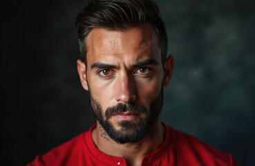 Fototapeta premium Close up portrait of a man with beard wearing red shirt. He has intense brown eyes and looks directly at camera. Dark background provides moody atmosphere. His expression is serious.