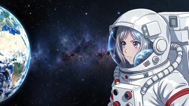 Female astronaut with silver hair gazes thoughtfully at Earth from space, wearing a white spacesuit with visible details and a starry cosmic background