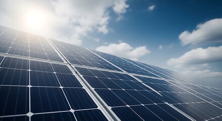 Obraz premium Solar panels under sunny blue sky with white clouds renewable energy concept