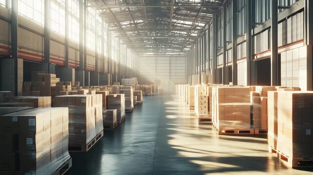 Warehouse with stacked wooden crates and pallets in a large industrial building.