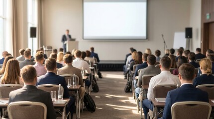 Obraz premium Professional conference session viewed from the back of the room