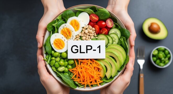 A person holding a nutritious bowl of food with eggs, vegetables, and a GLP-1 label on a dark table.