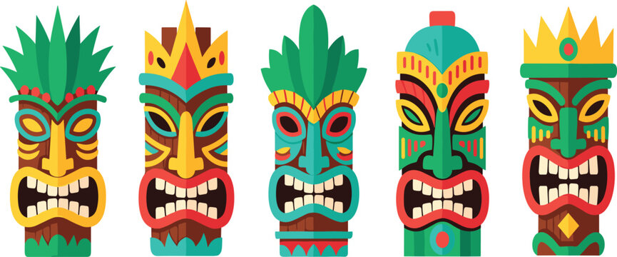 Colorful Tiki Mask Vector Illustration Set with Traditional Polynesian Tribal Totem Faces Isolated on White Background for Design