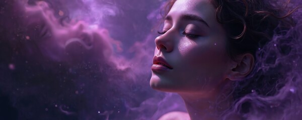 Fototapeta premium Woman with closed eyes in purple cosmic atmosphere. Abstract glowing waves surround face. Digital art portrait shows inner peace and ethereal beauty. Futuristic fantasy concept.