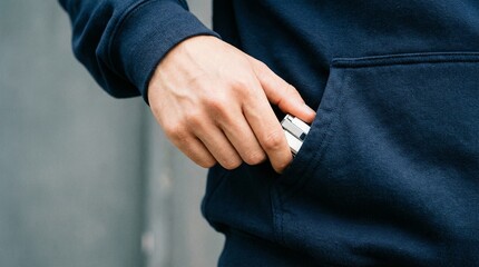 Fototapeta premium Person's Hand Reaching into Hoodie Pocket, Close-up View of Daily Item Storage in Casual Urban Setting