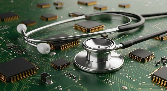 Stethoscope on circuit board with microchips and electronic components representing healthcare technology and medical innovation
