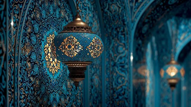 Ornate Lanterns Hanging in Blue Arched Hallway.